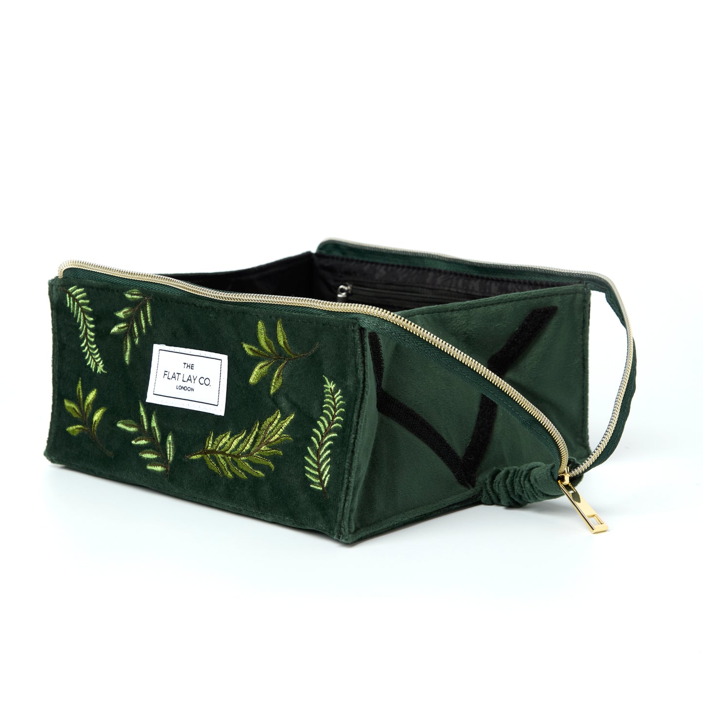 Green Leaves Embroidered Velvet Flat Flay Makeup Box Bag