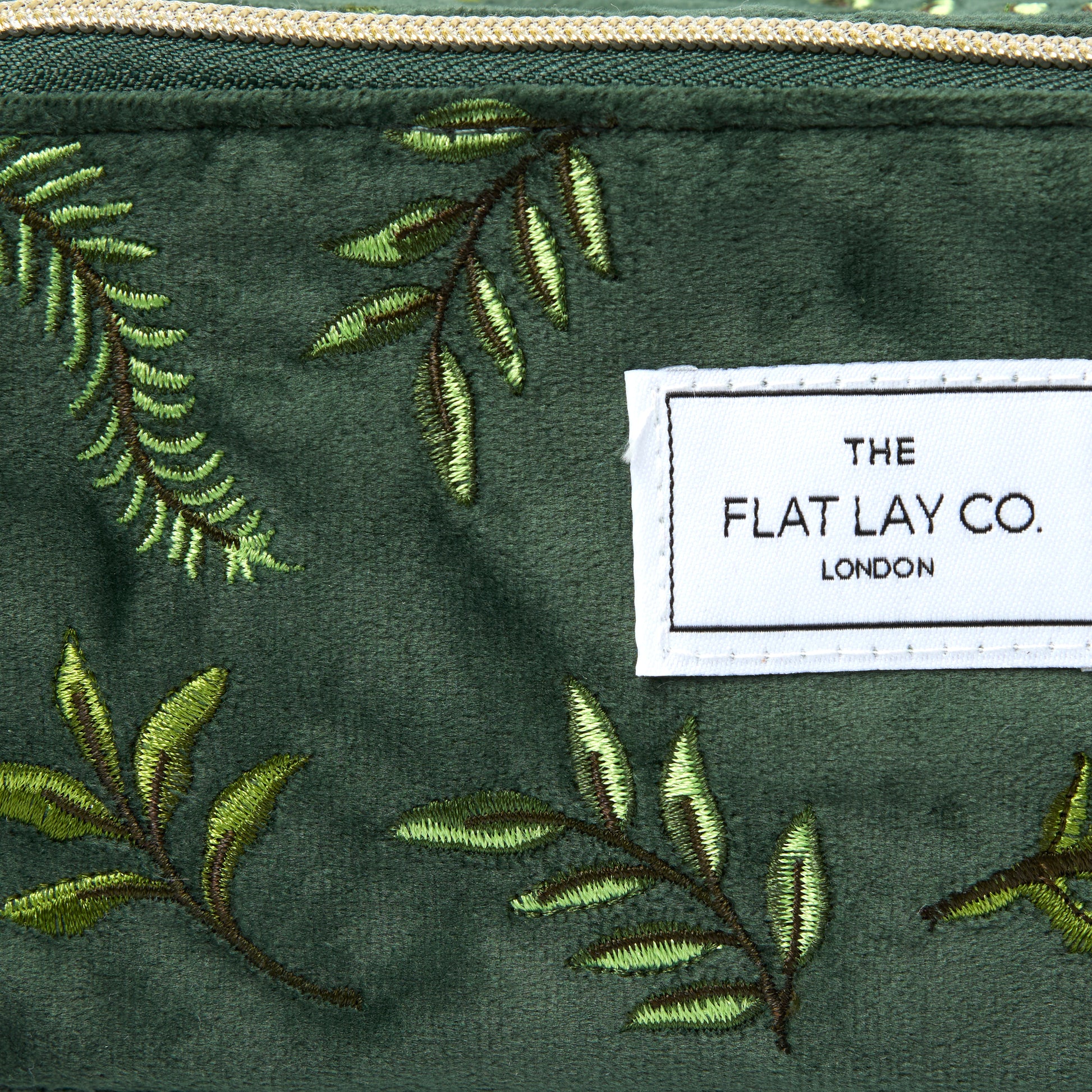 Green Leaves Embroidered Velvet Flat Flay Makeup Box Bag