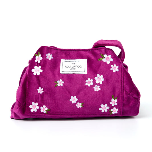 Plum Daisy Embroidered Velvet. Drawstring Flat Lay Makeup Bag