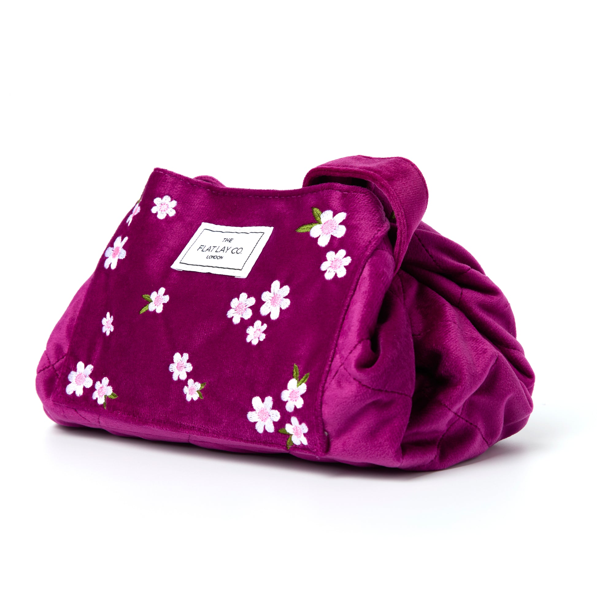 Plum Daisy Embroidered Velvet. Drawstring Flat Lay Makeup Bag