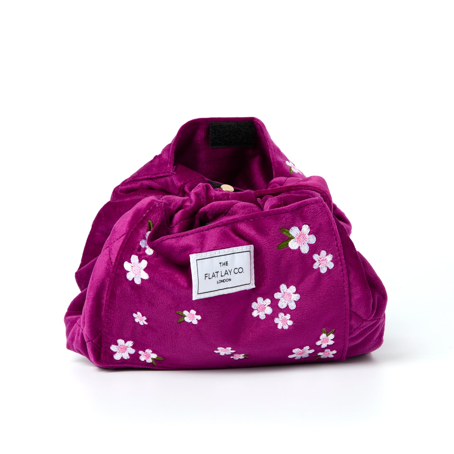 Plum Daisy Embroidered Velvet. Drawstring Flat Lay Makeup Bag