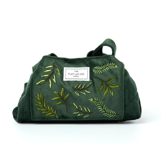 Green Leaves Embroidered Velvet Drawstring Flat Lay Makeup Bag 