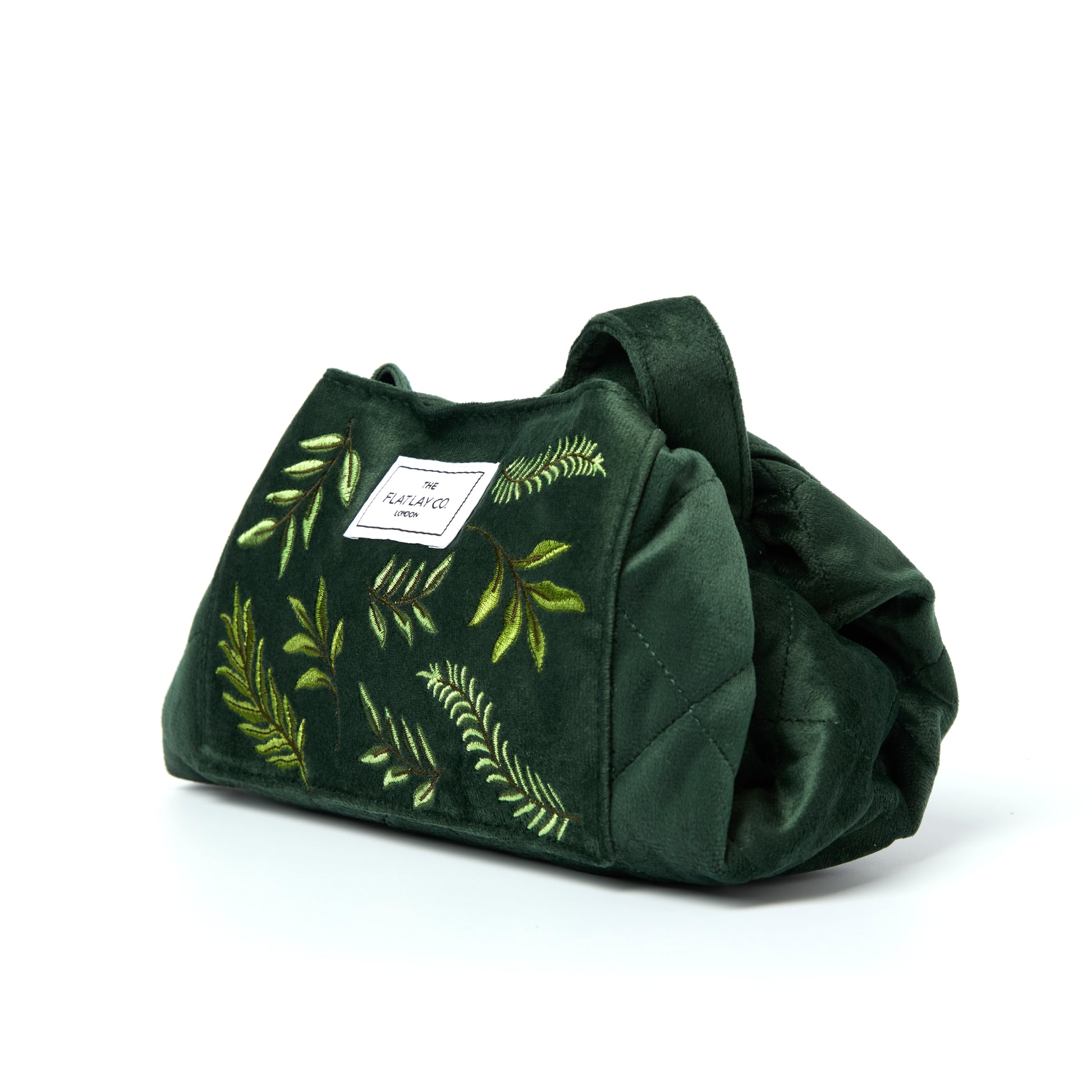 Green Leaves Embroidered Velvet Drawstring Flat Lay Makeup Bag 