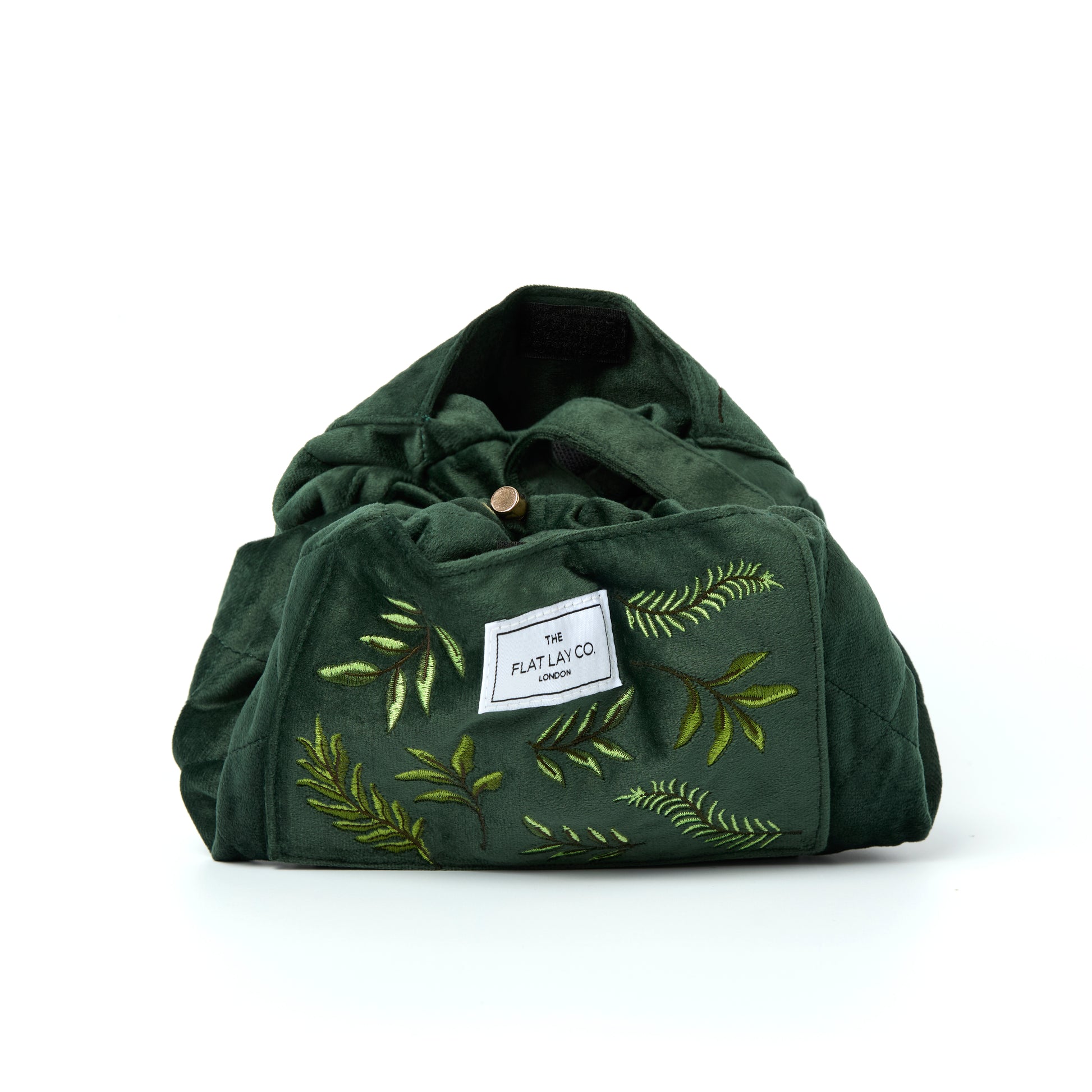 Green Leaves Embroidered Velvet Drawstring Flat Lay Makeup Bag 