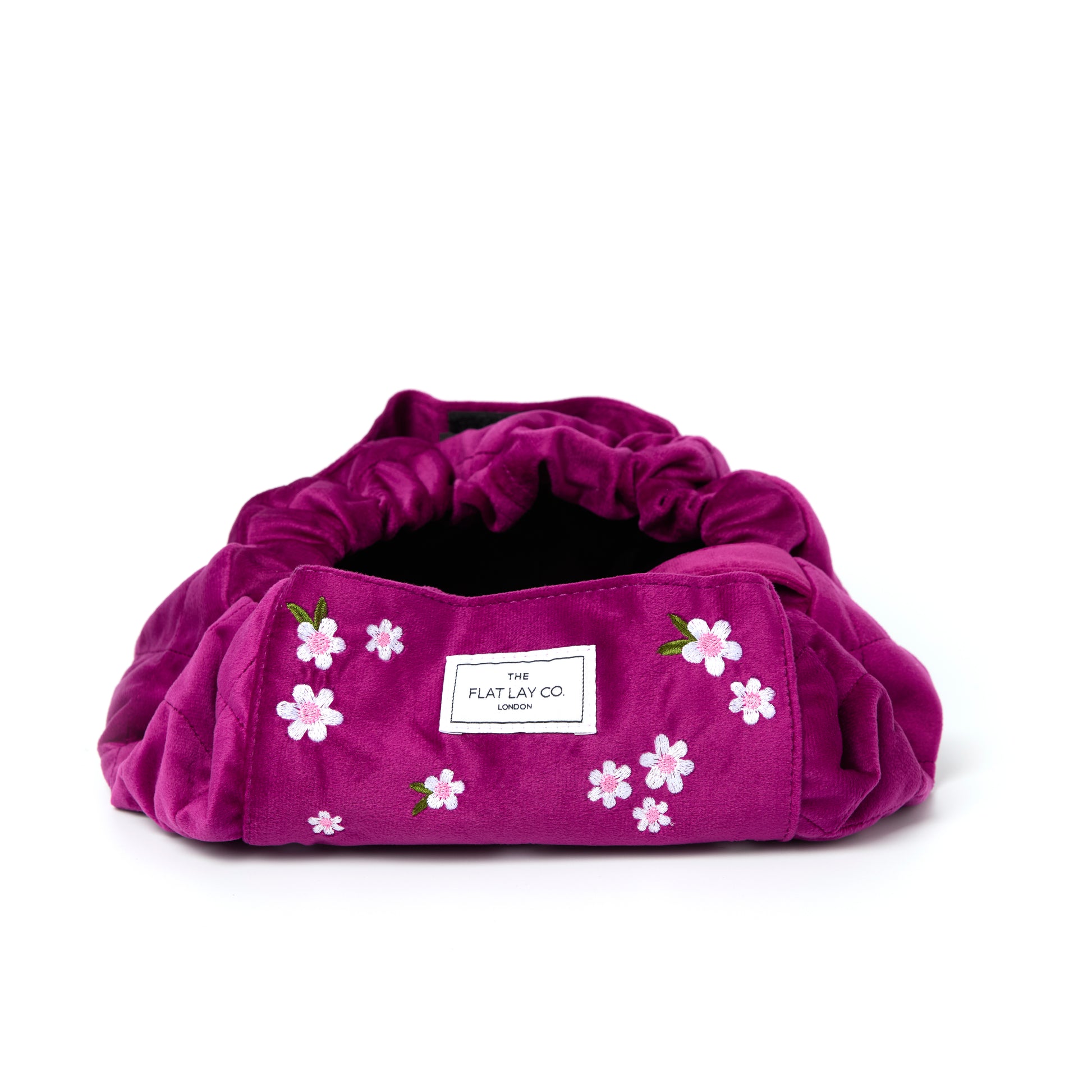 Plum Daisy Embroidered Velvet. Drawstring Flat Lay Makeup Bag