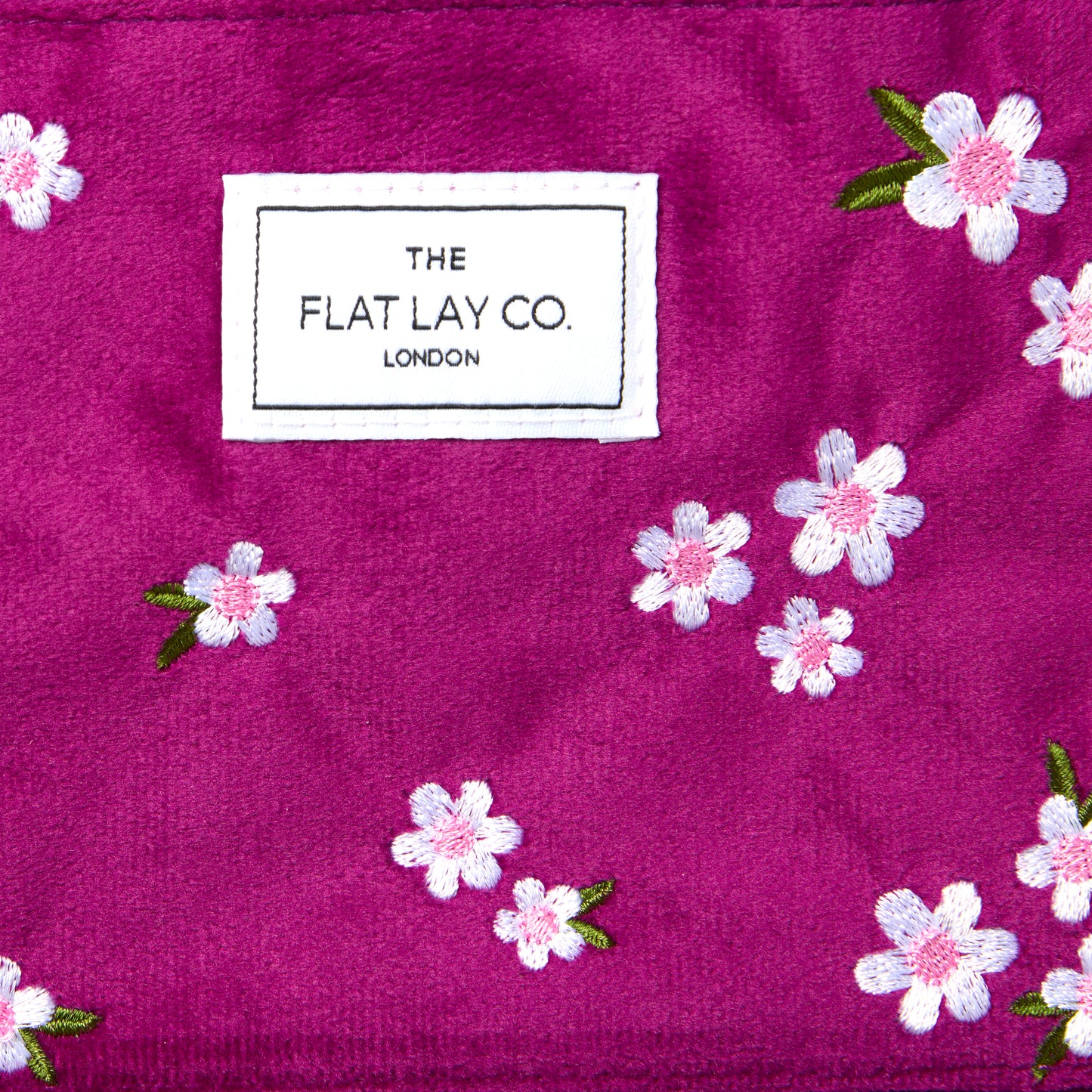 Plum Daisy Embroidered Velvet. Drawstring Flat Lay Makeup Bag