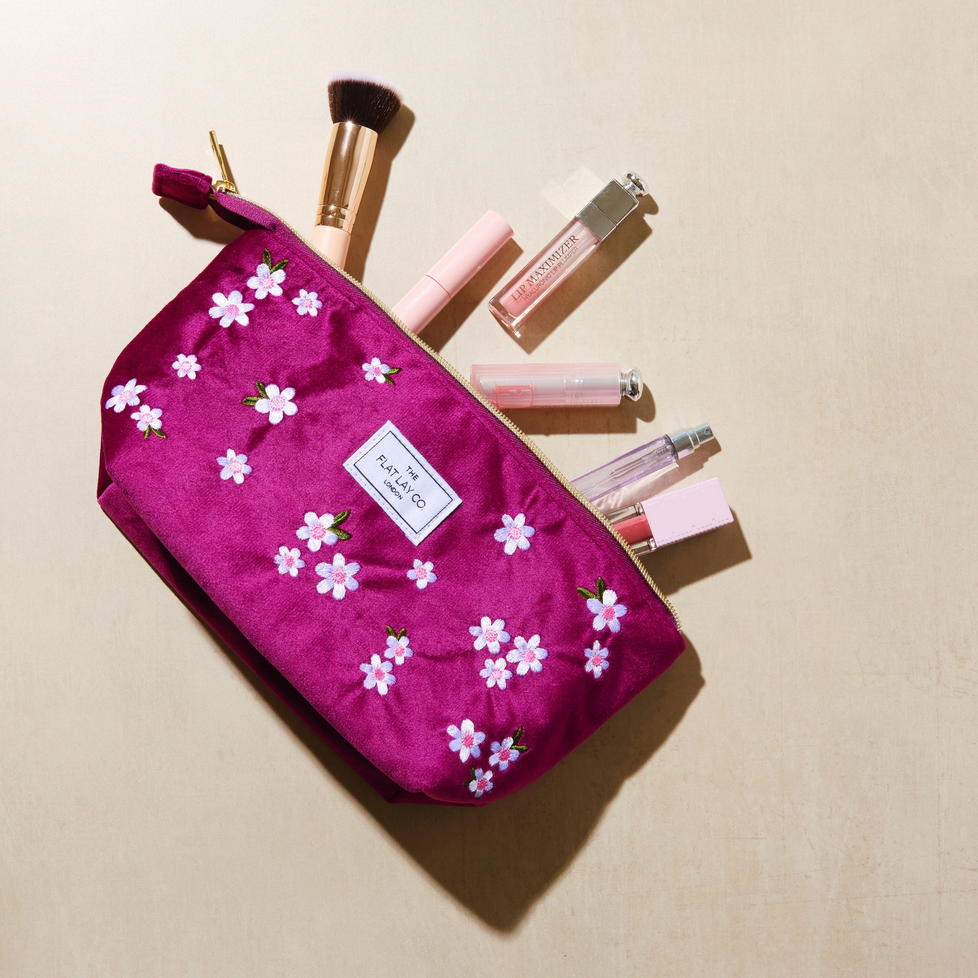 Plum Daisy Embroidered Velvet Essential Makeup Pouch 