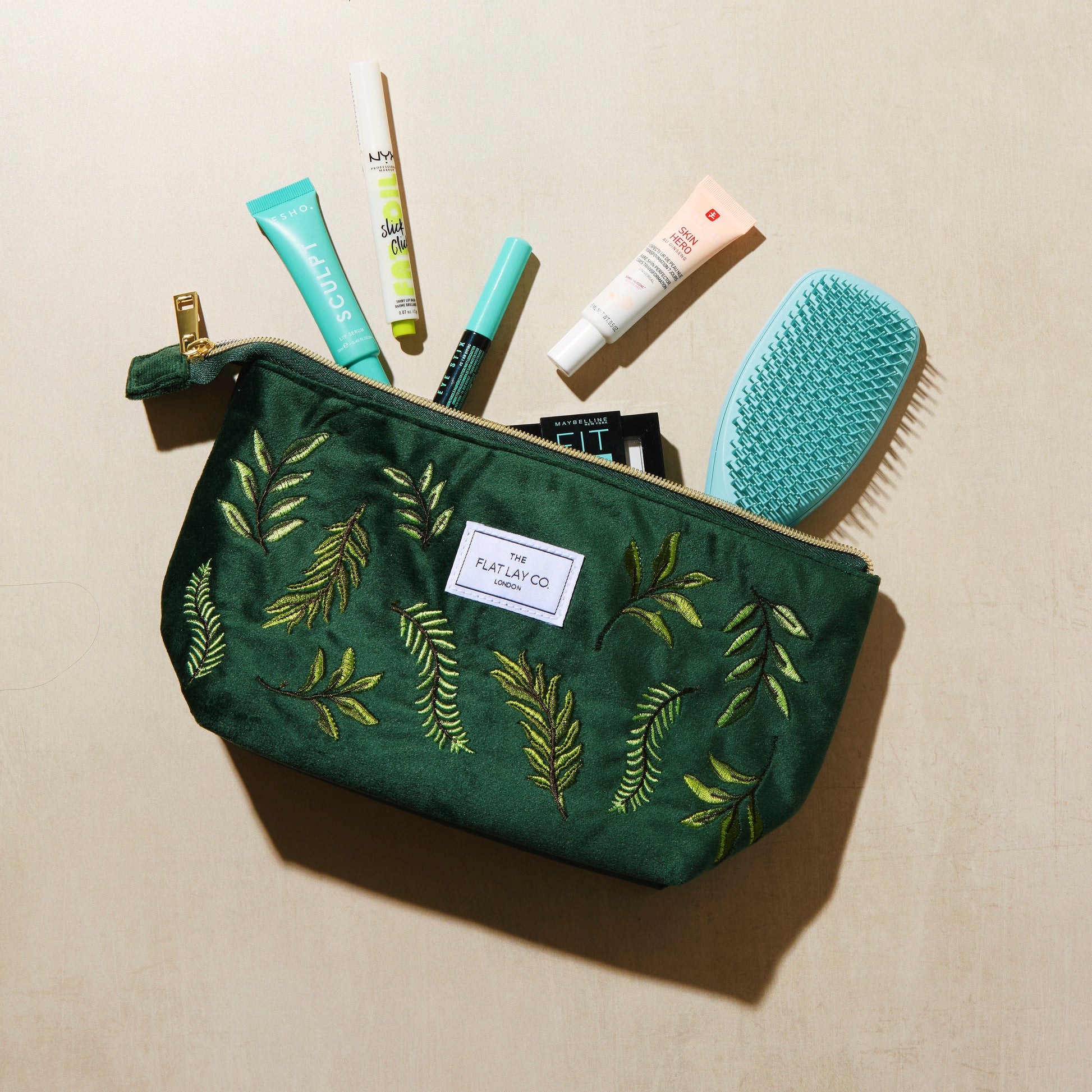 Green Leaves Embroidered Velvet Essential Makeup Pouch 