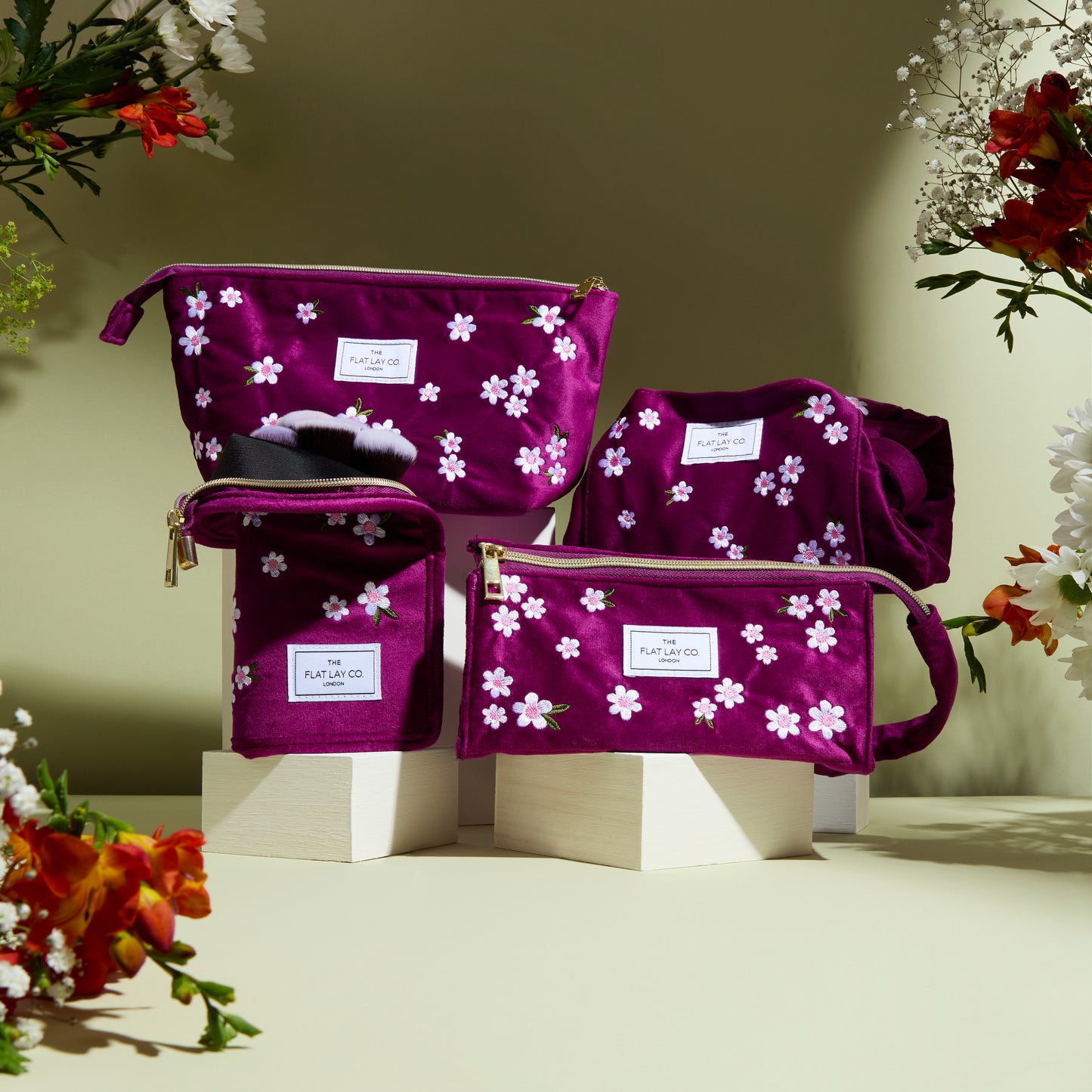 Plum Daisy Embroidered Velvet Flat Lay Makeup Box Bag