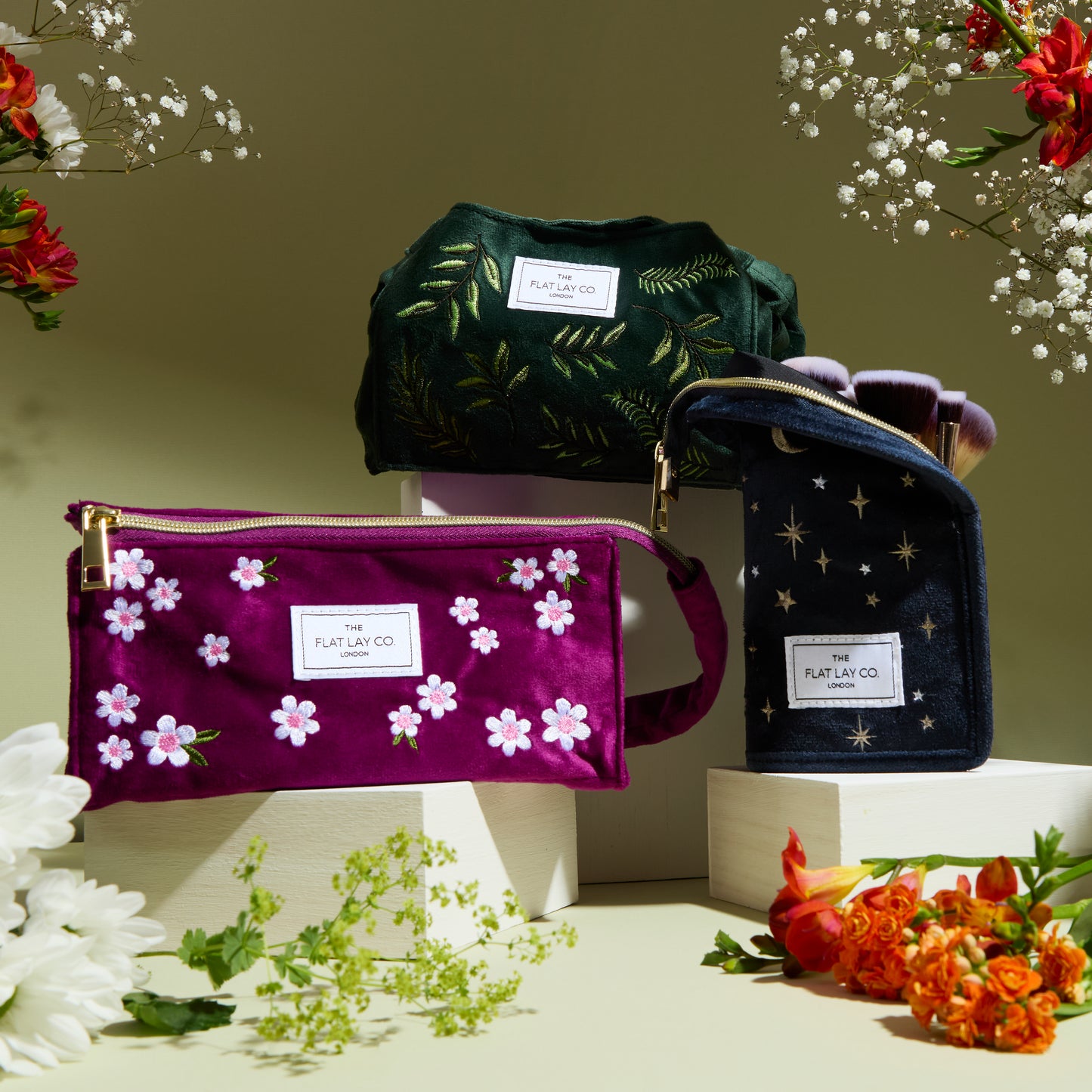 Plum Daisy Embroidered Velvet Flat Lay Makeup Box Bag