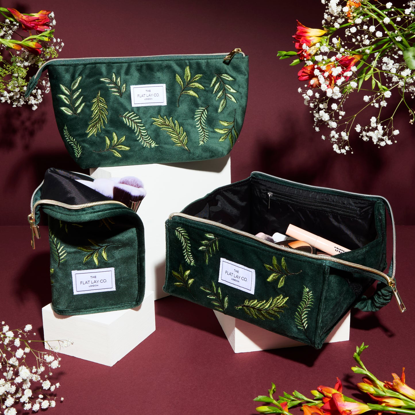 Green Leaves Embroidered Velvet Flat Flay Makeup Box Bag