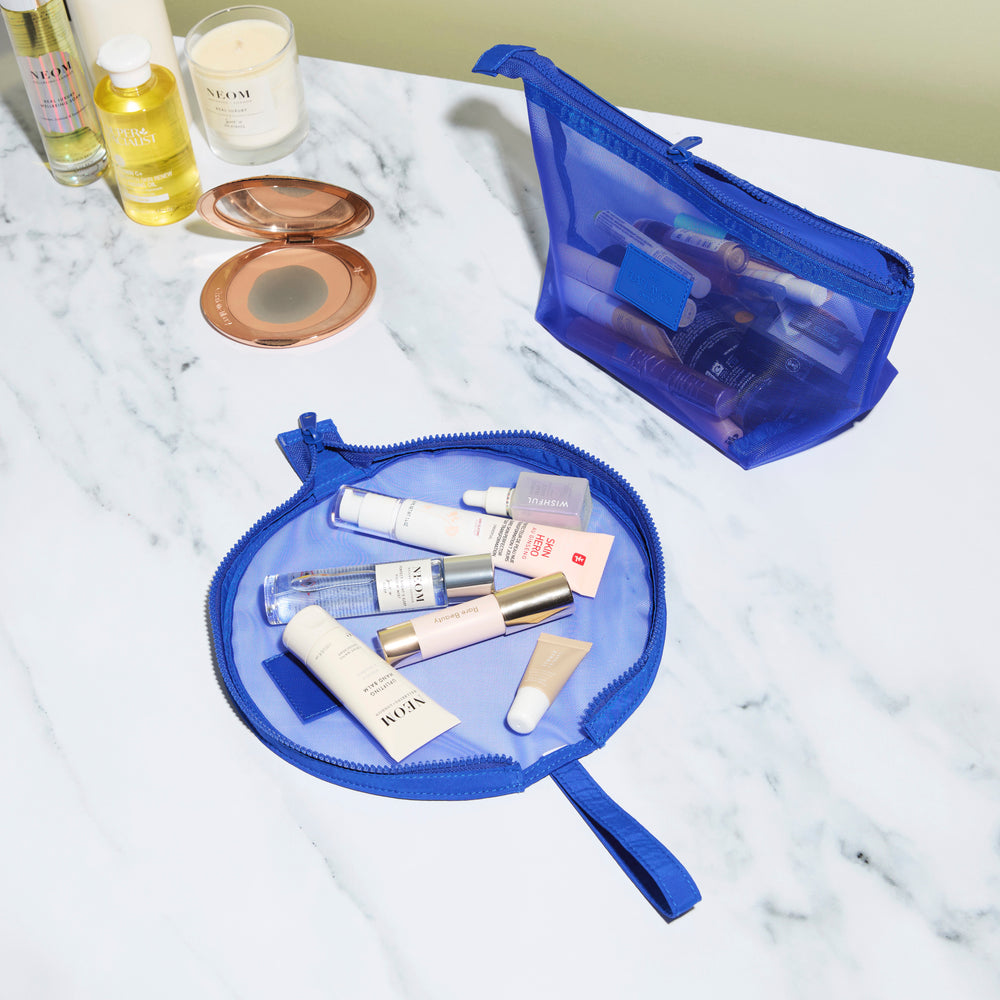 Cobalt Blue Mesh Lunar Flat Lay Makeup Pouch 