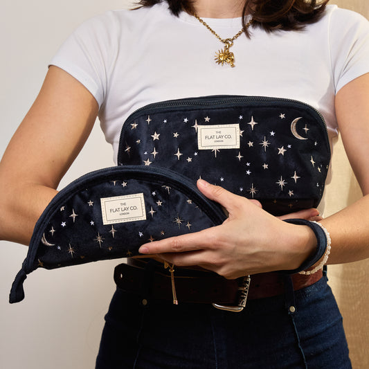 Box Bag & Lunar Pouch Bundle - Celestial Blue Embroidered Velvet