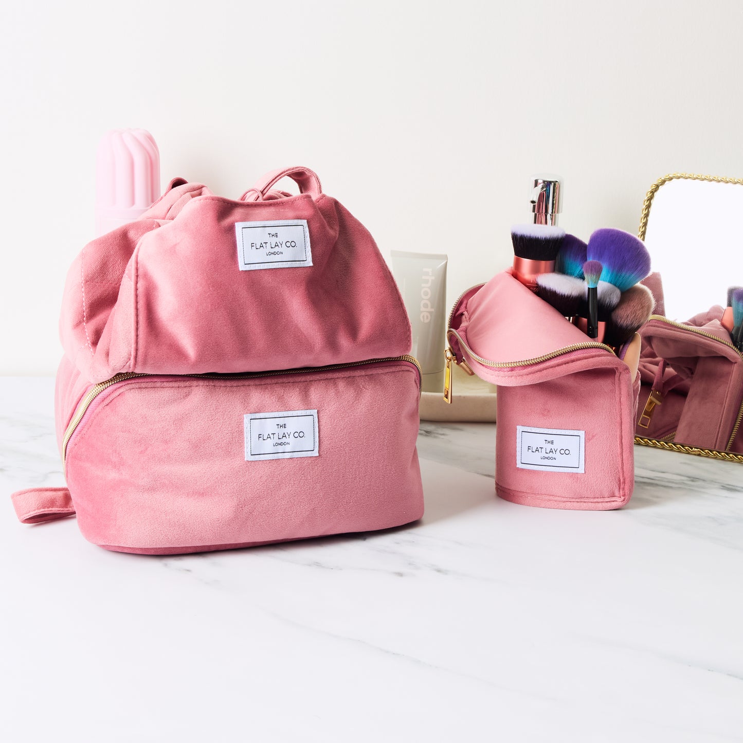 Drawstring Flat Lay Makeup Bag - Pink Velvet