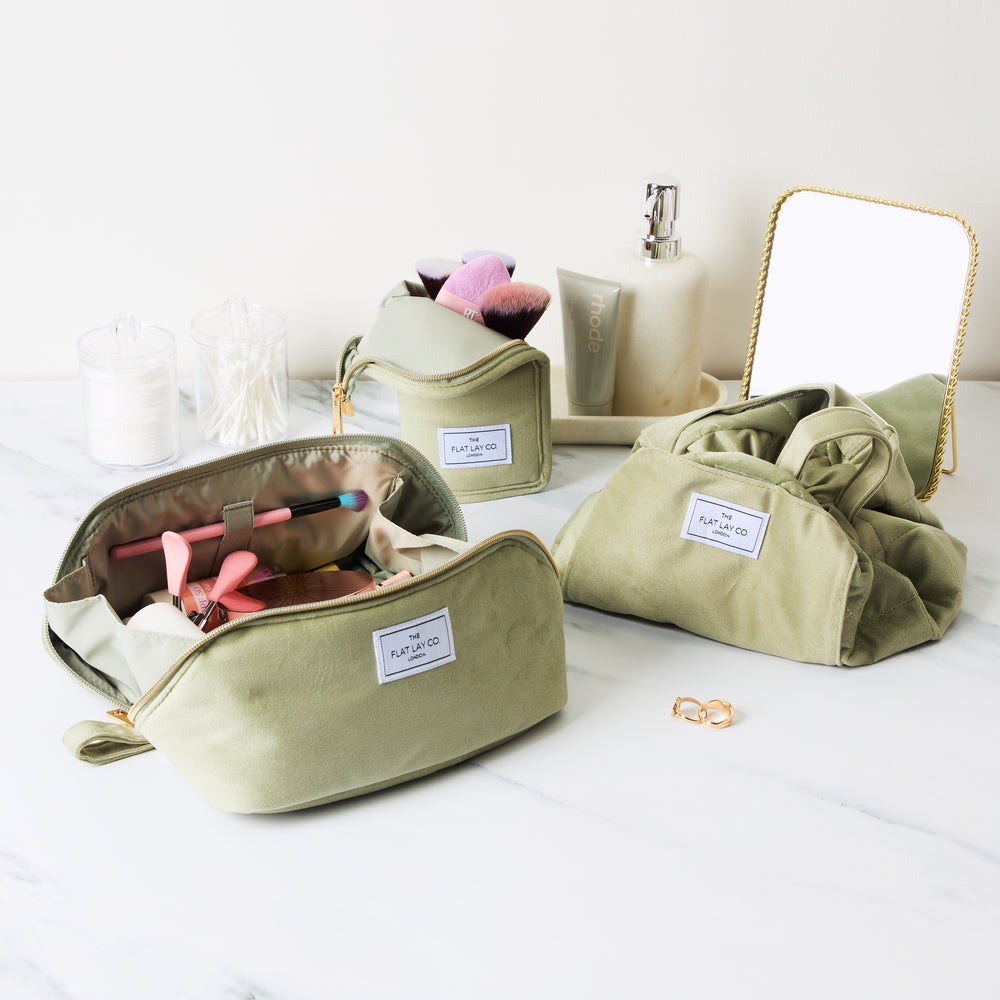 Flat Lay Makeup Box Bag - Sage Green Velvet