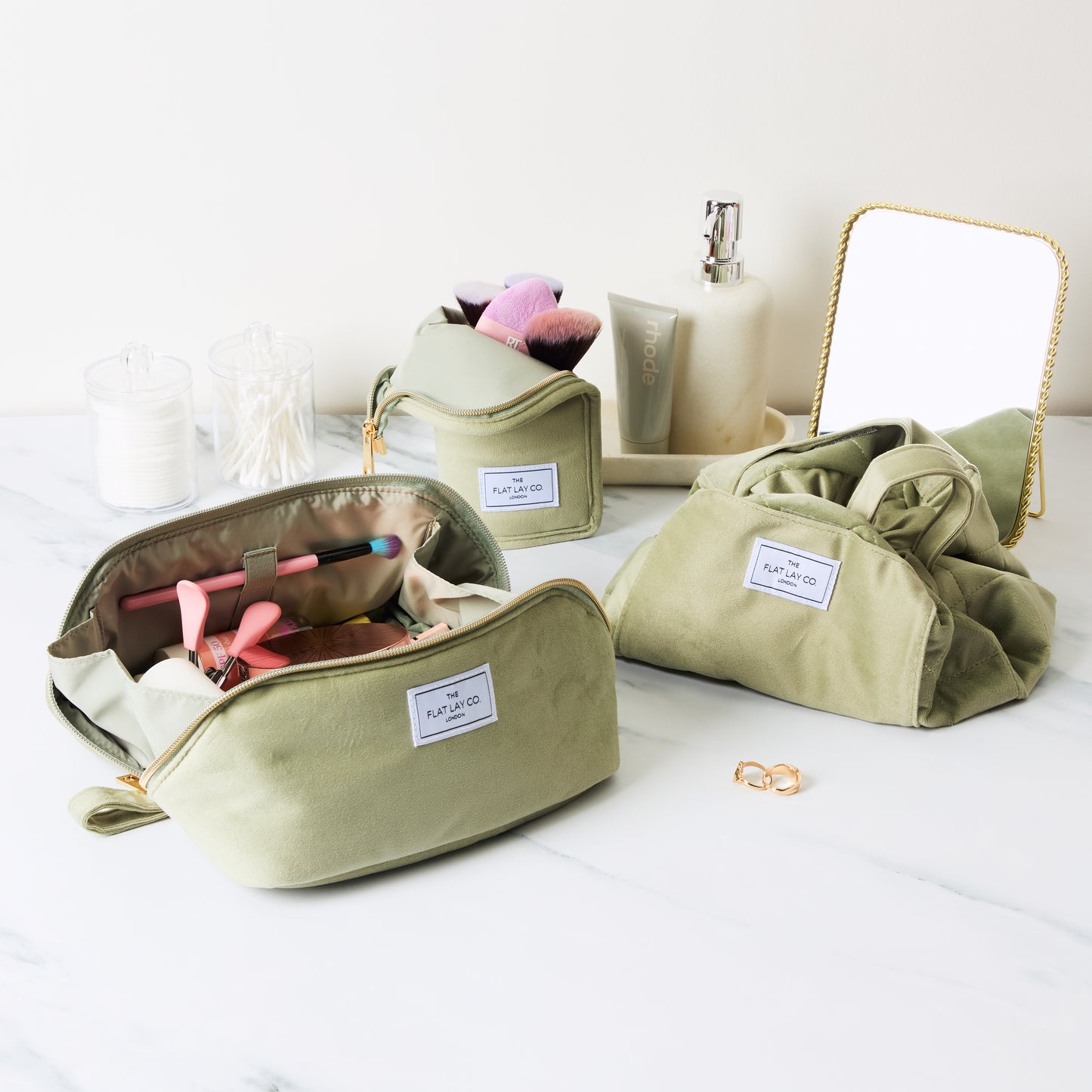 Drawstring Flat Lay Makeup Bag - Sage Green Velvet