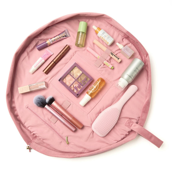 Drawstring Flat Lay Makeup Bag - Pink Velvet