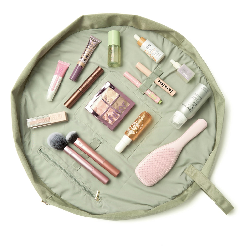 Drawstring Flat Lay Makeup Bag - Sage Green Velvet