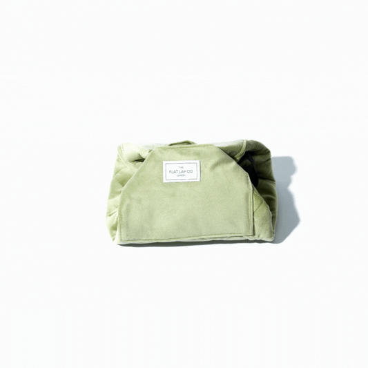 Sage Green Velvet Full Size Flat Lay Makeup Bag