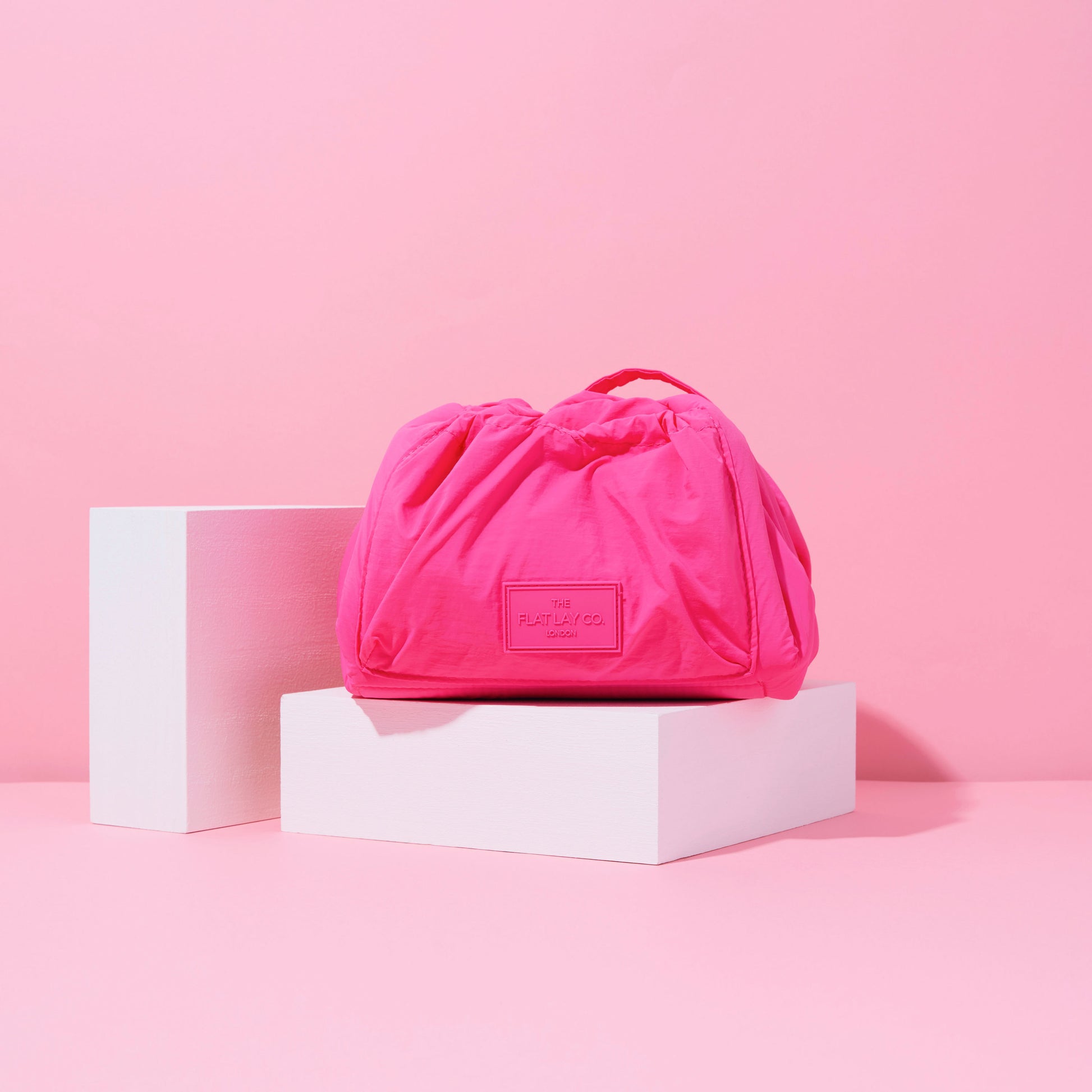 Hot Pink Parachute Drawstring Flat Lay Makeup Bag