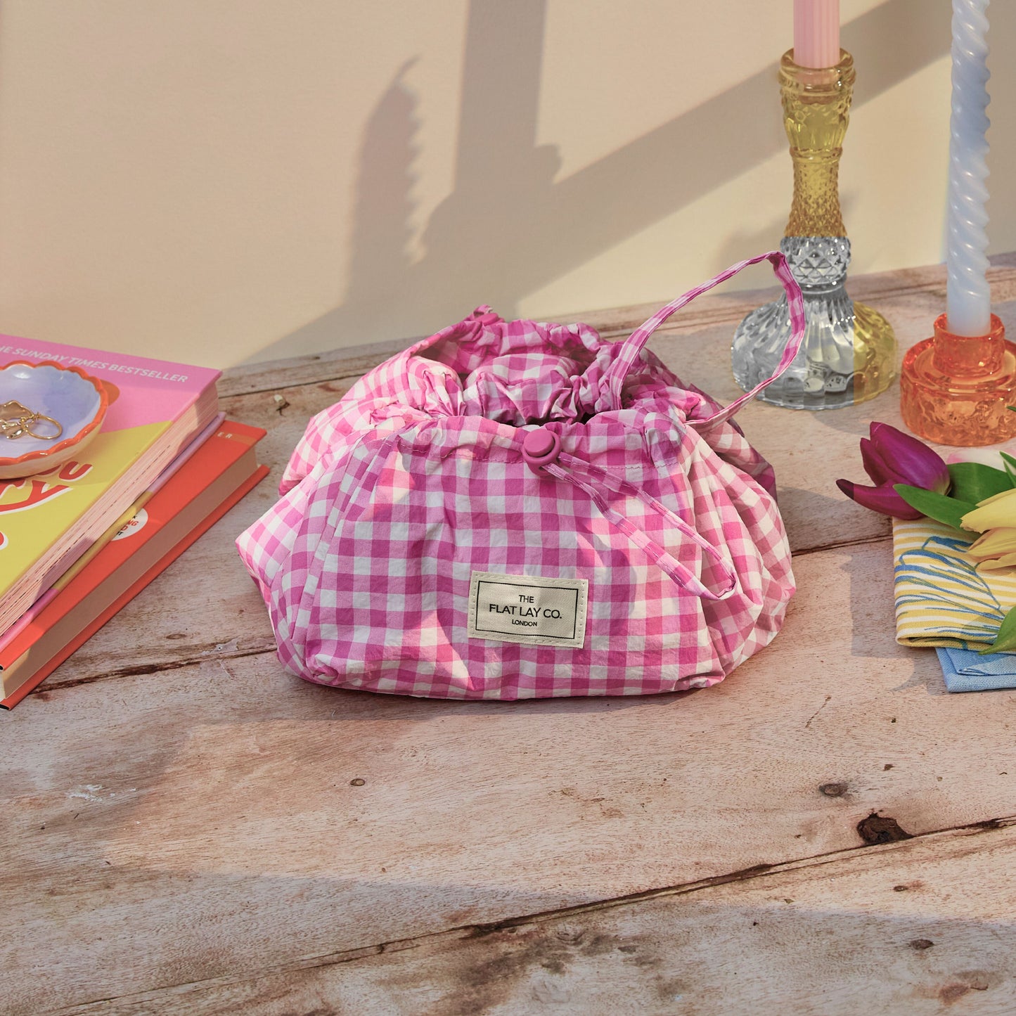 Pink Gingham Parachute Drawstring Bag