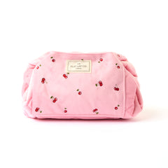Drawstring Flat Lay Makeup Bag - Ditsy Cherries Pink Embroidered Velvet