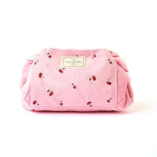 Drawstring Flat Lay Makeup Bag - Ditsy Cherries Pink Embroidered Velvet