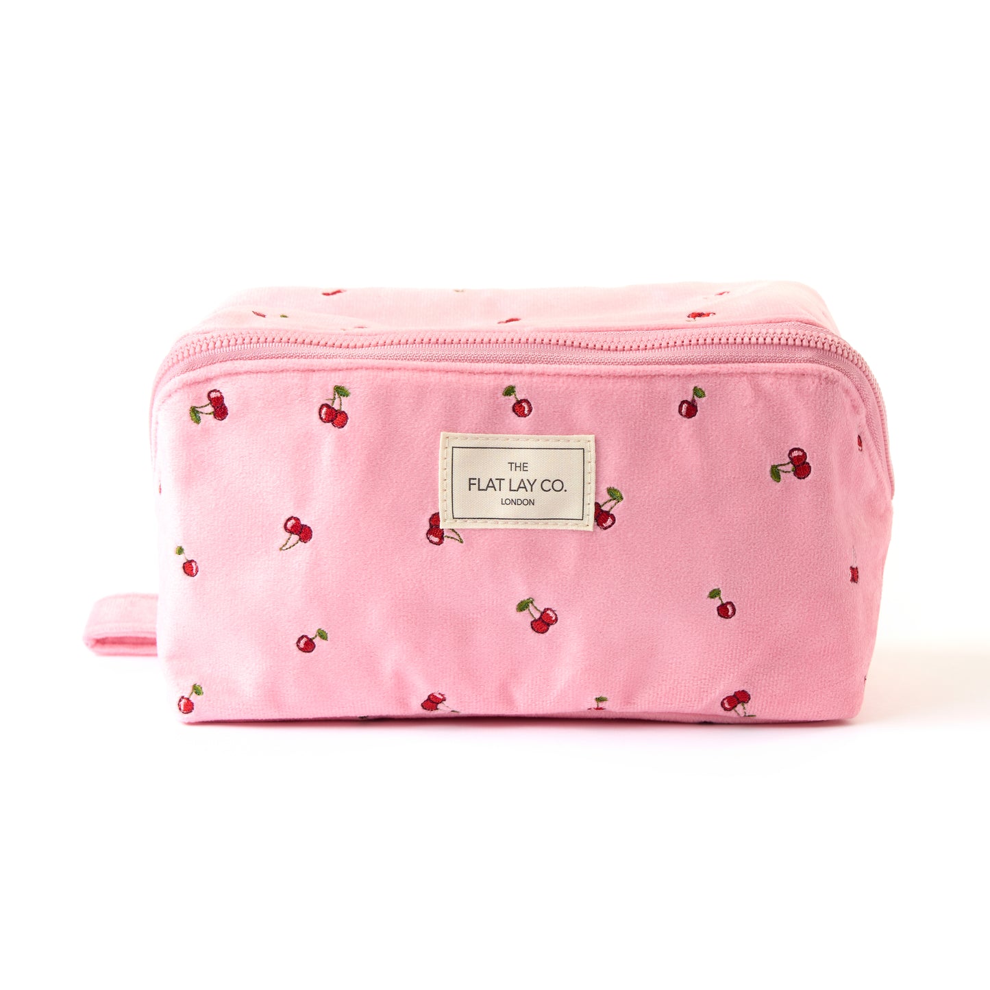 Flat Lay Makeup Box Bag - Ditsy Cherries Pink Embroidered Velvet