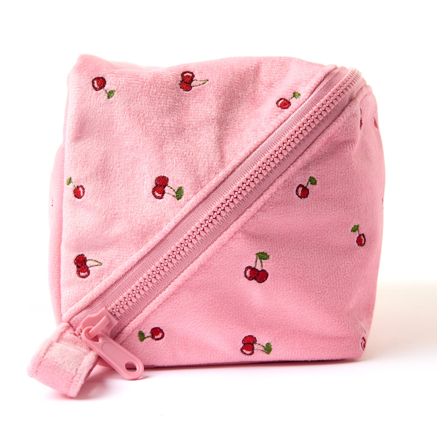 Flat Lay Makeup Box Bag - Ditsy Cherries Pink Embroidered Velvet