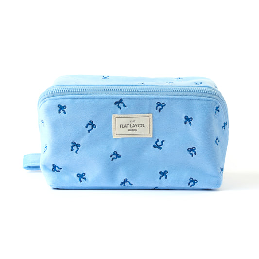 Flat Lay Makeup Box Bag - Ditsy Bows Blue Embroidered Velvet