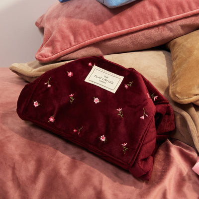 Drawstring Flat Lay Makeup Bag - Ditsy Roses Burgundy Embroidered Velvet