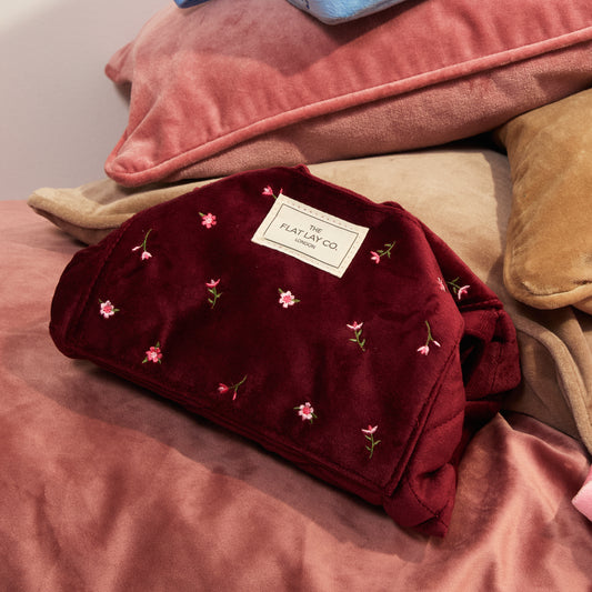 Drawstring Flat Lay Makeup Bag - Ditsy Roses Burgundy Embroidered Velvet
