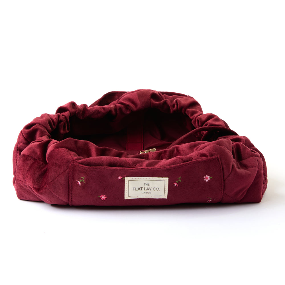 Drawstring Flat Lay Makeup Bag - Ditsy Roses Burgundy Embroidered Velvet