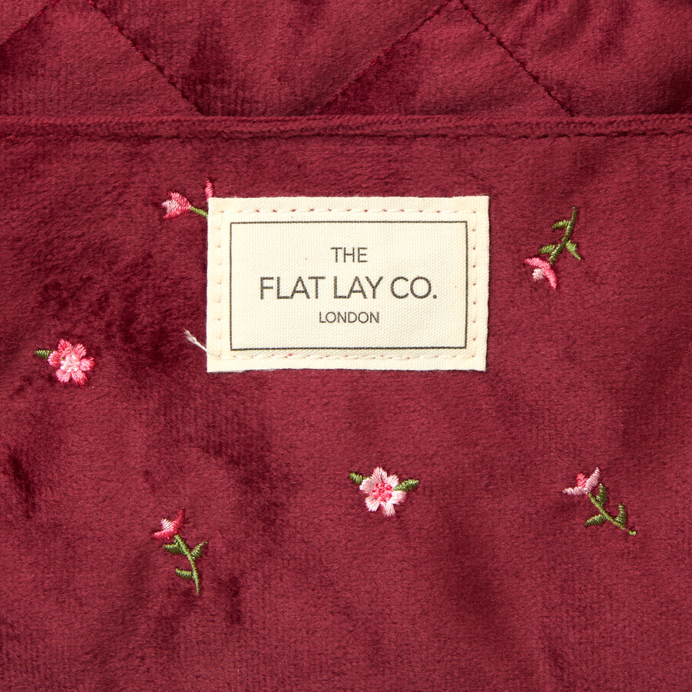 Drawstring Flat Lay Makeup Bag - Ditsy Roses Burgundy Embroidered Velvet