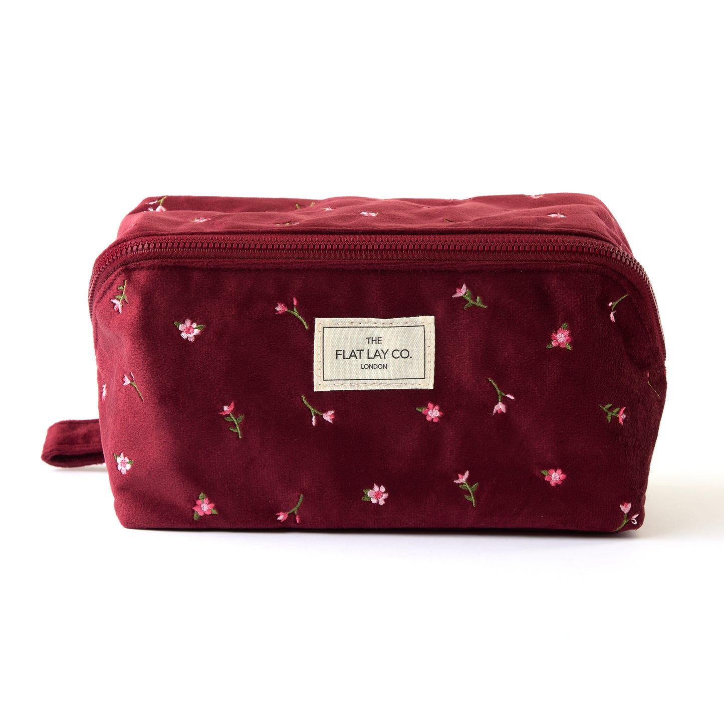 Flat Lay Makeup Box Bag - Ditsy Roses Burgundy Embroidered Velvet
