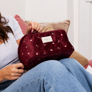 Flat Lay Makeup Box Bag - Ditsy Roses Burgundy Embroidered Velvet