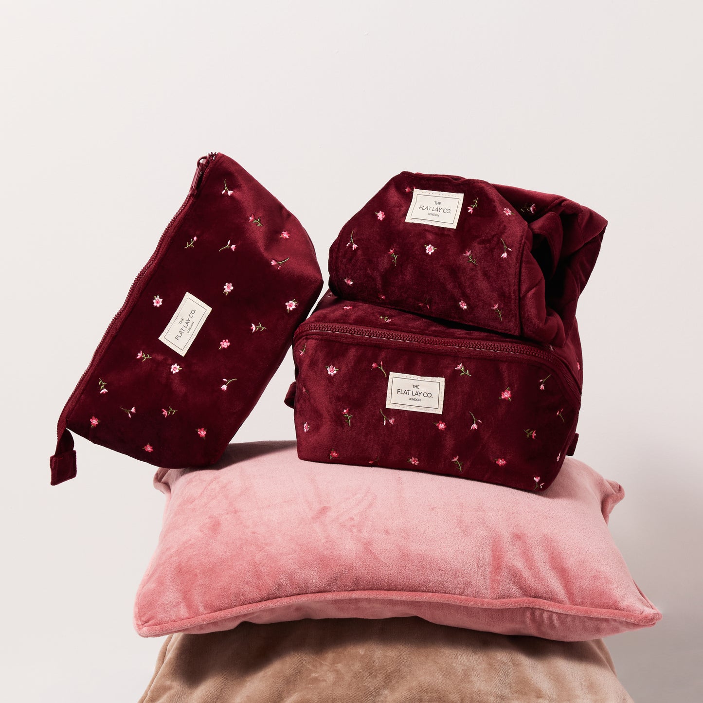 Flat Lay Makeup Box Bag - Ditsy Roses Burgundy Embroidered Velvet