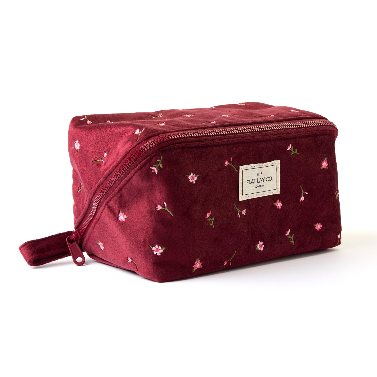Flat Lay Makeup Box Bag - Ditsy Roses Burgundy Embroidered Velvet