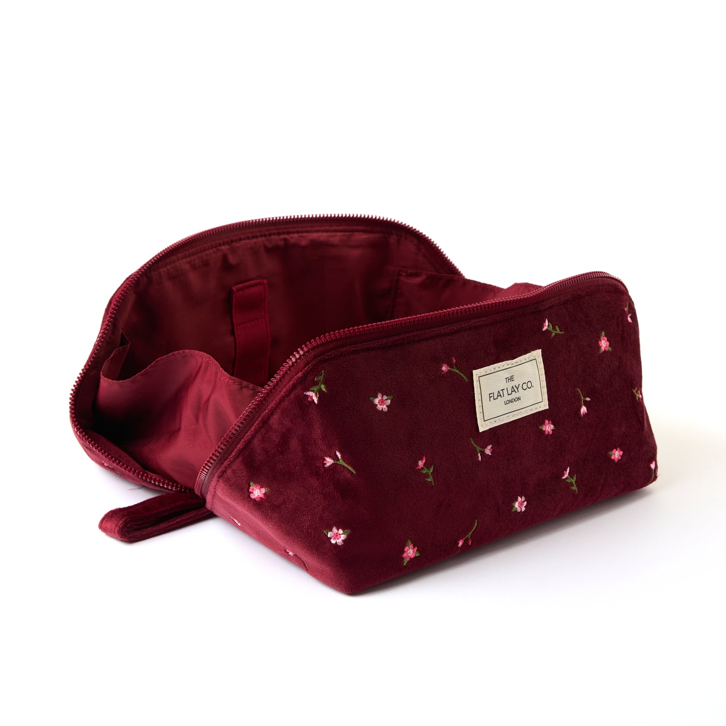 Flat Lay Makeup Box Bag - Ditsy Roses Burgundy Embroidered Velvet