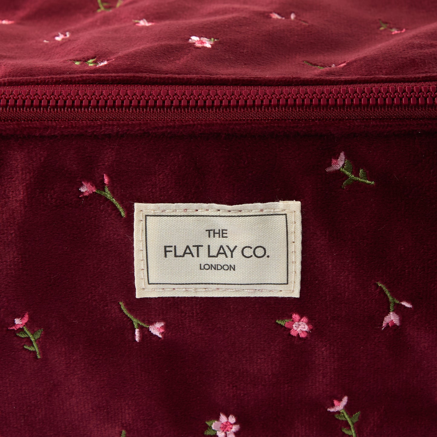 Flat Lay Makeup Box Bag - Ditsy Roses Burgundy Embroidered Velvet