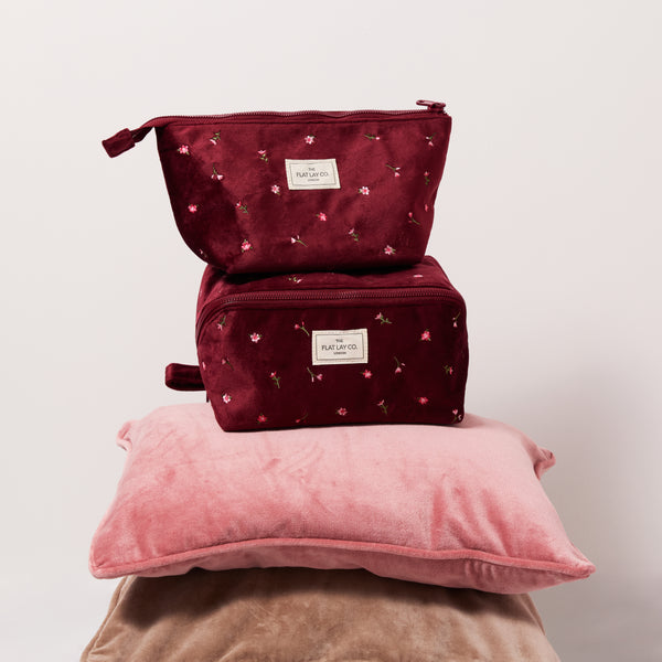 Essential Makeup Pouch - Ditsy Roses Burgundy Embroidered Velvet