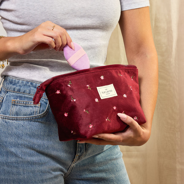 Essential Makeup Pouch - Ditsy Roses Burgundy Embroidered Velvet