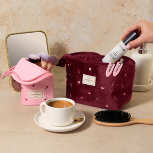 Essential Makeup Pouch - Ditsy Roses Burgundy Embroidered Velvet