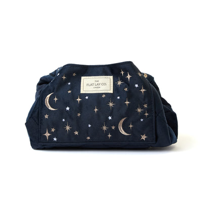 Drawstring Flat Lay Makeup Bag - Celestial Blue Embroidered Velvet