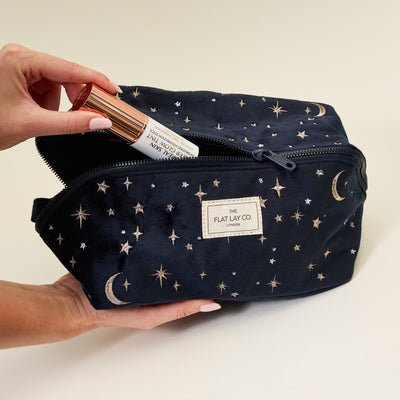 Flat Lay Makeup Box Bag - Celestial Blue Embroidered Velvet