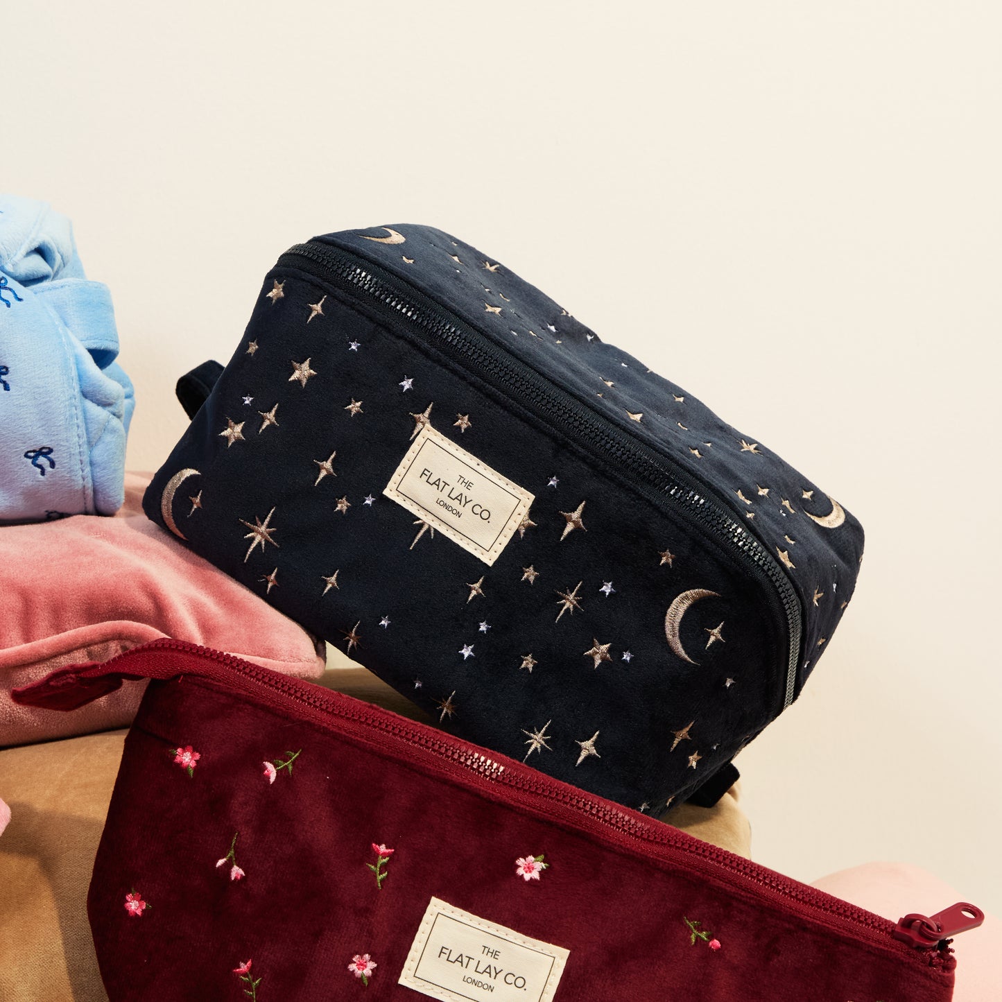 Flat Lay Makeup Box Bag - Celestial Blue Embroidered Velvet