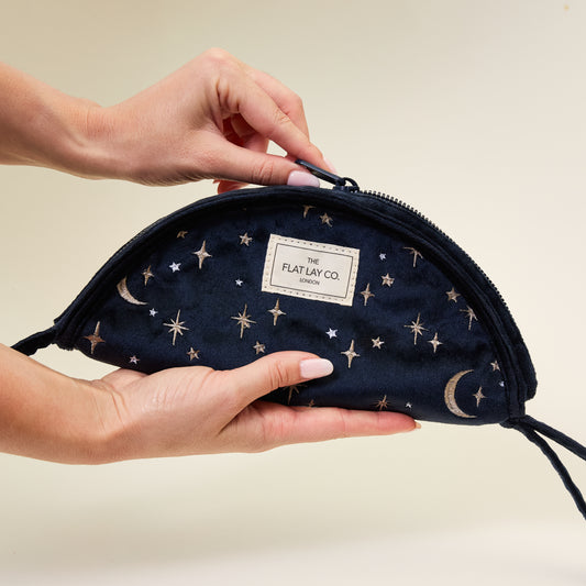 Lunar Flat Lay Makeup Pouch - Celestial Blue Embroidered Velvet