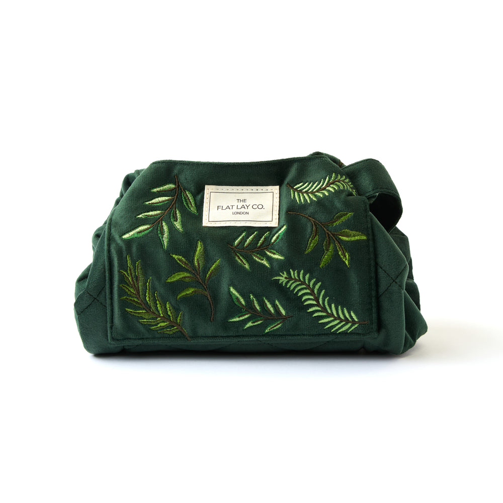 Drawstring Flat Lay Makeup Bag - Green Leaves Embroidered Velvet