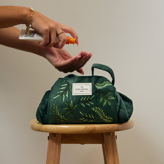 Drawstring Flat Lay Makeup Bag - Green Leaves Embroidered Velvet