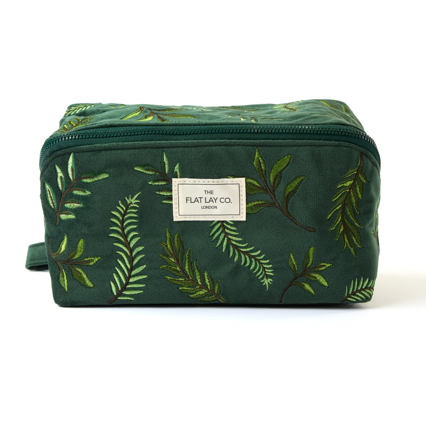 Flat Lay Makeup Box Bag - Green Leaves Embroidered Velvet